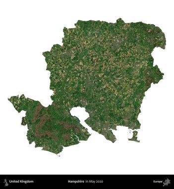 Hampshire. Birleşik Krallık 'ın idari alanı, Mayıs 2020' de çekilen Kopernik Nöbetçi karolarından oluşan bir uydu görüntüsü üzerinde beyaza izole edilmiştir.