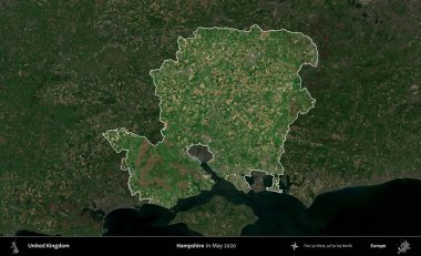 Hampshire. Birleşik Krallık 'ın idari alanı, Mayıs 2020' de çekilen Kopernik Nöbetçi karolarından oluşan koyu renkli bir uydu görüntüsü üzerinde vurgulandı ve özetlendi.