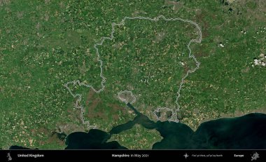 Hampshire. Mayıs 2021 'de çekilen Copernicus Sentinel karolarından oluşan bir uydu görüntüsü üzerinde Birleşik Krallık' ın idari bölgesinin ana hatlarını belirledik.