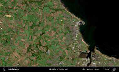 Hartlepool 'da. Ekim 2022 'de çekilen Kopernik Nöbetçi karolarından oluşan bir uydu görüntüsü üzerinde Birleşik Krallık' ın idari alanı