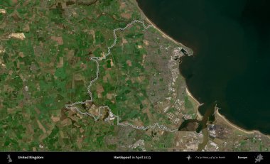 Hartlepool 'da. Nisan 2023 'te çekilen Kopernik Nöbetçi karolarından oluşan bir uydu görüntüsü üzerinde Birleşik Krallık' ın idari alanının ana hatlarını belirledik.