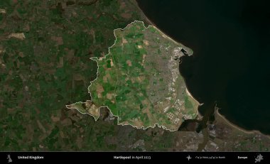 Hartlepool 'da. Birleşik Krallık 'ın idari alanı, Nisan 2023' te çekilen Kopernik Nöbetçi karolarından oluşan koyu renkli bir uydu görüntüsü üzerinde vurgulandı ve özetlendi.