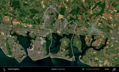 Havant. Temmuz 2024 'te çekilen Copernicus Sentinel karolarından oluşan bir uydu görüntüsü üzerinde Birleşik Krallık' ın idari bölgesinin ana hatlarını belirledik.