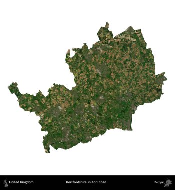 Hertfordshire 'da. Birleşik Krallık 'ın idari alanı, Nisan 2020' de çekilen Kopernik Nöbetçi karolarından oluşan bir uydu görüntüsü üzerinde beyaza izole edilmiştir.