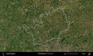 Hertfordshire 'da. Haziran 2020 'de çekilen Kopernik Nöbetçi karolarından oluşan bir uydu görüntüsü üzerinde Birleşik Krallık' ın idari alanının ana hatlarını belirledik.