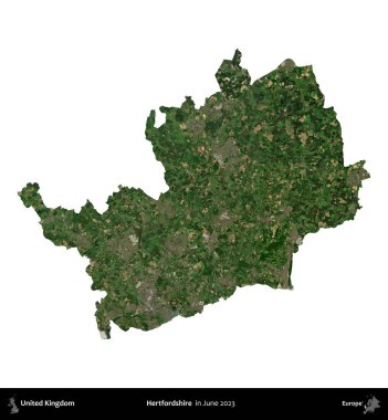 Hertfordshire 'da. Birleşik Krallık 'ın idari alanı, Haziran 2023' te çekilen Kopernik Nöbetçi karolarından oluşan bir uydu görüntüsü üzerinde beyaza izole edilmiştir.