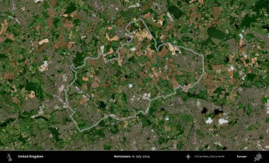 Hertsmere. Temmuz 2024 'te çekilen Copernicus Sentinel karolarından oluşan bir uydu görüntüsü üzerinde Birleşik Krallık' ın idari bölgesinin ana hatlarını belirledik.