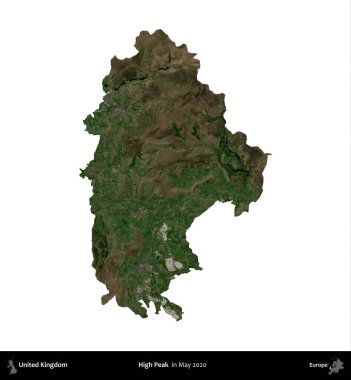 Yüksek Tepe. Birleşik Krallık 'ın idari alanı, Mayıs 2020' de çekilen Kopernik Nöbetçi karolarından oluşan bir uydu görüntüsü üzerinde beyaza izole edilmiştir.