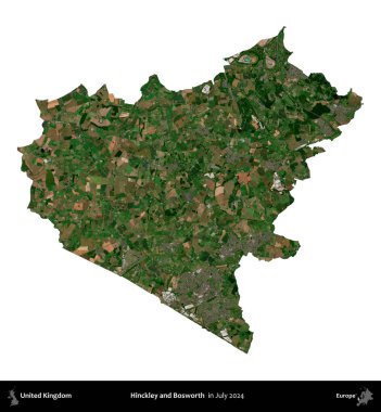 Hinckley ve Bosworth. Birleşik Krallık 'ın idari alanı, Temmuz 2024' te çekilen Kopernik Nöbetçi karolarından oluşan bir uydu görüntüsü ile beyaza izole edilmiştir.