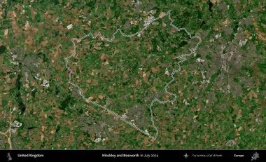 Hinckley ve Bosworth. Temmuz 2024 'te çekilen Copernicus Sentinel karolarından oluşan bir uydu görüntüsü üzerinde Birleşik Krallık' ın idari bölgesinin ana hatlarını belirledik.