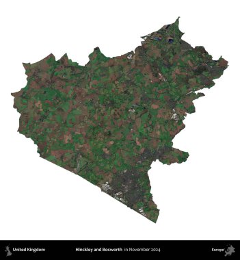 Hinckley ve Bosworth. Birleşik Krallık 'ın idari alanı, Kasım 2024' te çekilen Kopernik Nöbetçi karolarından oluşan bir uydu görüntüsü üzerinde beyaza izole edilmiştir.