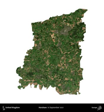 Horsham. Birleşik Krallık 'ın idari alanı, Eylül 2021' de çekilen Kopernik Nöbetçi karolarından oluşan bir uydu görüntüsü üzerinde beyaza izole edildi.