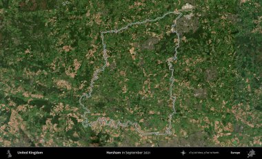 Horsham. Eylül 2021 'de çekilen Kopernik Nöbetçi karolarından oluşan bir uydu görüntüsü üzerinde Birleşik Krallık' ın idari alanının ana hatlarını belirledik.