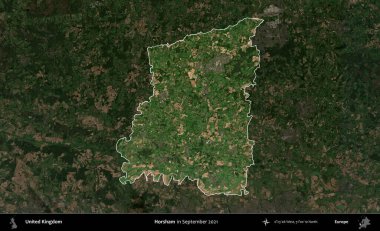 Horsham. Birleşik Krallık 'ın idari alanı, Eylül 2021' de çekilen Kopernik Nöbetçi karolarından oluşan koyu renkli bir uydu görüntüsü üzerinde vurgulandı ve özetlendi.