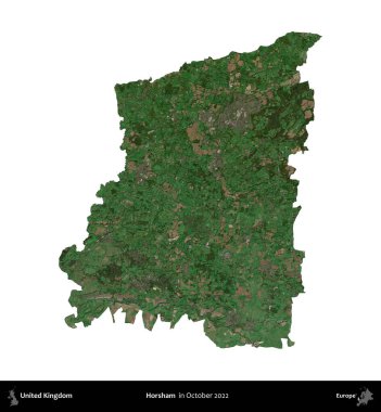 Horsham. Birleşik Krallık 'ın idari alanı, Ekim 2022' de çekilen Kopernik Nöbetçi karolarından oluşan bir uydu görüntüsüyle beyaza izole edildi.