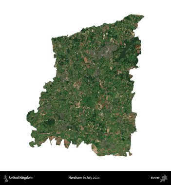 Horsham. Birleşik Krallık 'ın idari alanı, Temmuz 2024' te çekilen Kopernik Nöbetçi karolarından oluşan bir uydu görüntüsü ile beyaza izole edilmiştir.