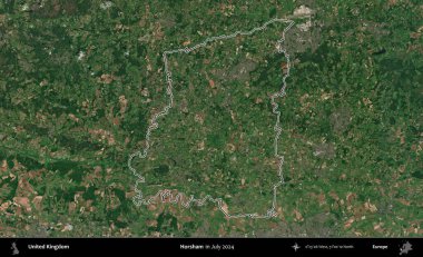 Horsham. Temmuz 2024 'te çekilen Copernicus Sentinel karolarından oluşan bir uydu görüntüsü üzerinde Birleşik Krallık' ın idari bölgesinin ana hatlarını belirledik.