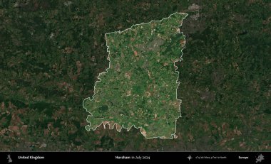 Horsham. Birleşik Krallık 'ın idari alanı, Temmuz 2024' te çekilen Kopernik Nöbetçi karolarından oluşan koyu renkli bir uydu görüntüsü üzerinde vurgulandı ve özetlendi.