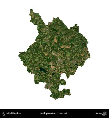 Huntingdonshire 'da. Birleşik Krallık 'ın idari alanı, Haziran 2018' de çekilen Kopernik Nöbetçi karolarından oluşan bir uydu görüntüsüyle beyaza izole edilmiştir.