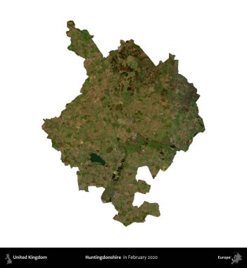 Huntingdonshire 'da. Birleşik Krallık 'ın idari alanı, Şubat 2020' de çekilen Kopernik Nöbetçi karolarından oluşan bir uydu görüntüsü üzerinde beyaza izole edilmiştir.