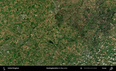 Huntingdonshire 'da. Mayıs 2020 'de Copernicus Sentinel karolarından oluşan bir uydu görüntüsü üzerinde Birleşik Krallık' ın idari alanı