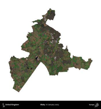 Blaby. Birleşik Krallık 'ın idari alanı, Copernicus Sentinel' in Ocak 2025 'te çekilen uydu görüntüsüyle beyaza izole edilmiştir.