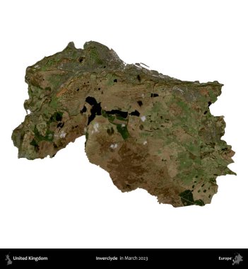 Inverclyde. Birleşik Krallık 'ın idari alanı, Mart 2023' te çekilen Kopernik Nöbetçi karolarından oluşan bir uydu görüntüsü ile beyaza izole edilmiştir.