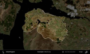 Inverclyde. Birleşik Krallık 'ın idari alanı, Mart 2023' te çekilen Kopernik Nöbetçi karolarından oluşan koyu renkli bir uydu görüntüsü üzerinde vurgulandı ve özetlendi.