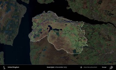 Inverclyde. Birleşik Krallık 'ın idari alanı, Kasım 2023' te çekilen Kopernik Nöbetçi karolarından oluşan koyu renkli bir uydu görüntüsü üzerinde vurgulandı ve özetlendi.