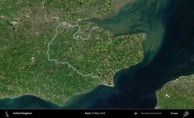 Kent. Mayıs 2018 'de çekilen Copernicus Sentinel karolarından oluşan bir uydu görüntüsü üzerinde Birleşik Krallık' ın idari bölgesinin ana hatlarını belirledik.