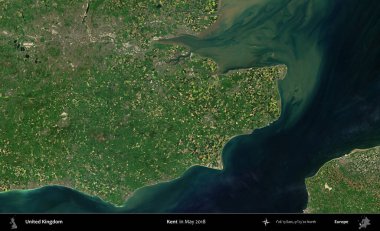 Kent. Mayıs 2018 'de Copernicus Sentinel karolarından oluşan bir uydu görüntüsü üzerinde Birleşik Krallık' ın idari alanı