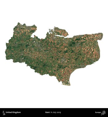 Kent. Birleşik Krallık 'ın idari bölgesi, Temmuz 2019' da çekilen Kopernik Nöbetçi karolarından oluşan bir uydu görüntüsü ile beyaza izole edilmiştir.