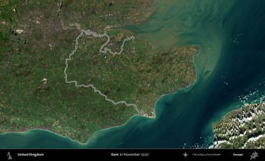 Kent. Kasım 2020 'de çekilen Kopernik Nöbetçi karolarından oluşan bir uydu görüntüsü üzerinde Birleşik Krallık' ın idari alanının ana hatlarını belirledik.