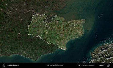 Kent. Birleşik Krallık 'ın idari alanı, Kasım 2020' de çekilen Kopernik Nöbetçi karolarından oluşan koyu renkli bir uydu görüntüsü üzerinde vurgulandı ve özetlendi.