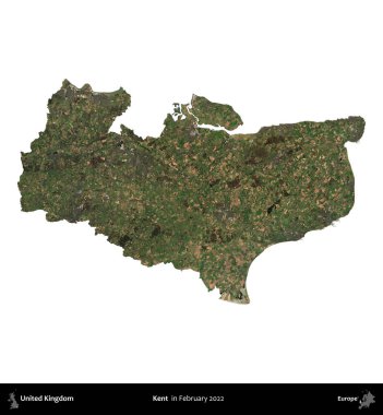Kent. Birleşik Krallık 'ın idari alanı, Şubat 2022' de çekilen Kopernik Nöbetçi karolarından oluşan bir uydu görüntüsüyle beyaza izole edildi.