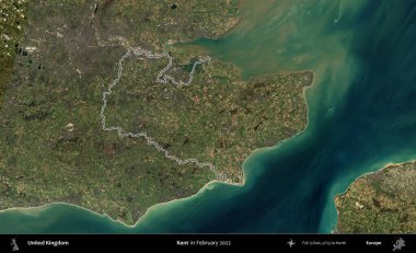 Kent. Şubat 2022 'de çekilen Kopernik Nöbetçi karolarından oluşan bir uydu görüntüsü üzerinde Birleşik Krallık' ın idari alanının ana hatlarını belirledik.