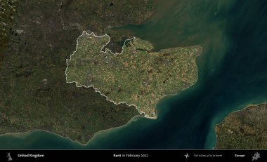 Kent. Birleşik Krallık 'ın idari alanı, Şubat 2022' de çekilen Kopernik Nöbetçi karolarından oluşan koyu renkli bir uydu görüntüsü üzerinde vurgulandı ve özetlendi.