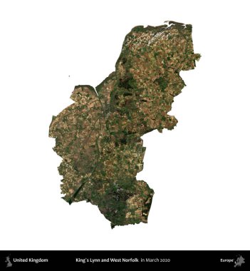 King 's Lynn ve West Norfolk. Birleşik Krallık 'ın idari alanı, Mart 2020' de çekilen Kopernik Nöbetçi karolarından oluşan bir uydu görüntüsü üzerinde beyaza izole edilmiştir.