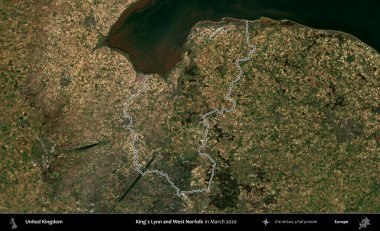 King 's Lynn ve West Norfolk. Mart 2020 'de çekilen Copernicus Sentinel karolarından oluşan bir uydu görüntüsü üzerinde Birleşik Krallık' ın idari bölgesinin ana hatlarını belirledik.