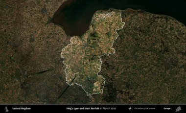 King 's Lynn ve West Norfolk. Birleşik Krallık 'ın idari alanı, Mart 2020' de çekilen Kopernik Nöbetçi karolarından oluşan koyu renkli bir uydu görüntüsü üzerinde vurgulandı ve özetlendi.