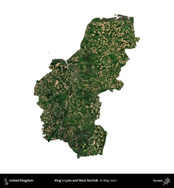 King 's Lynn ve West Norfolk. Birleşik Krallık 'ın idari alanı, Mayıs 2021' de çekilen Kopernik Nöbetçi karolarından oluşan bir uydu görüntüsü üzerinde beyaza izole edilmiştir.