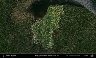 King 's Lynn ve West Norfolk. Birleşik Krallık 'ın idari alanı, Mayıs 2021' de çekilen Kopernik Nöbetçi karolarından oluşan koyu renkli bir uydu görüntüsü üzerinde vurgulandı ve özetlendi.