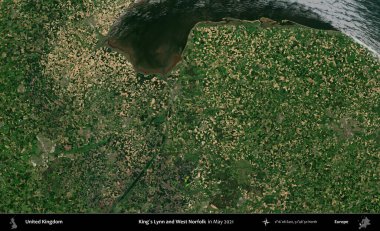 King 's Lynn ve West Norfolk. Mayıs 2021 'de Copernicus Sentinel karolarından oluşan bir uydu görüntüsü üzerinde Birleşik Krallık' ın idari alanı