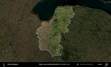 King 's Lynn ve West Norfolk. Birleşik Krallık 'ın idari alanı, Ekim 2022' de çekilen Kopernik Nöbetçi karolarından oluşan koyu renkli bir uydu görüntüsü üzerinde vurgulandı ve özetlendi.