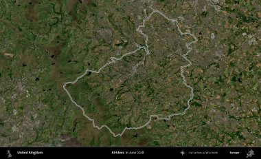 Kirklees. Haziran 2018 'de çekilen Kopernik Nöbetçi karolarından oluşan bir uydu görüntüsü üzerinde Birleşik Krallık' ın idari alanının ana hatlarını belirledik.