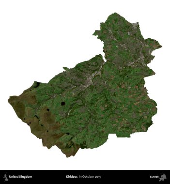 Kirklees. Birleşik Krallık 'ın idari alanı, Ekim 2019' da çekilen Kopernik Nöbetçi karolarından oluşan bir uydu görüntüsüyle beyaza izole edildi.