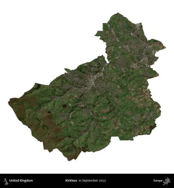 Kirklees. Birleşik Krallık 'ın idari alanı, Eylül 2023' te çekilen Kopernik Nöbetçi karolarından oluşan bir uydu görüntüsü üzerinde beyaza izole edildi.
