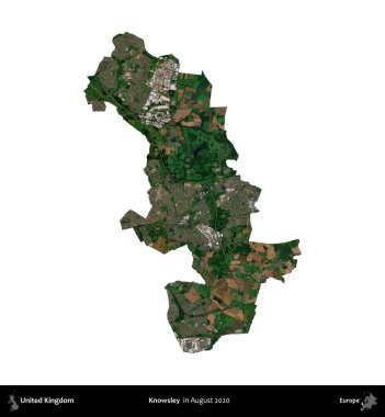 Knowsley. Birleşik Krallık 'ın idari alanı, Ağustos 2020' de çekilen Kopernik Nöbetçi karolarından oluşan bir uydu görüntüsü üzerinde beyaza izole edilmiştir.