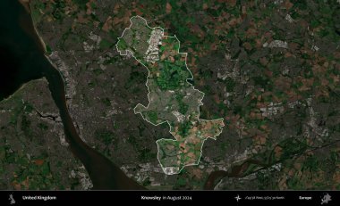 Knowsley. Birleşik Krallık 'ın idari alanı, Ağustos 2024' te çekilen Kopernik Nöbetçi karolarından oluşan koyu renkli bir uydu görüntüsü üzerinde vurgulandı ve özetlendi.