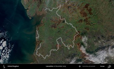 Lancashire. Aralık 2019 'da çekilen Kopernik Nöbetçi karolarından oluşan bir uydu görüntüsü üzerinde Birleşik Krallık' ın idari alanının ana hatlarını belirledik.